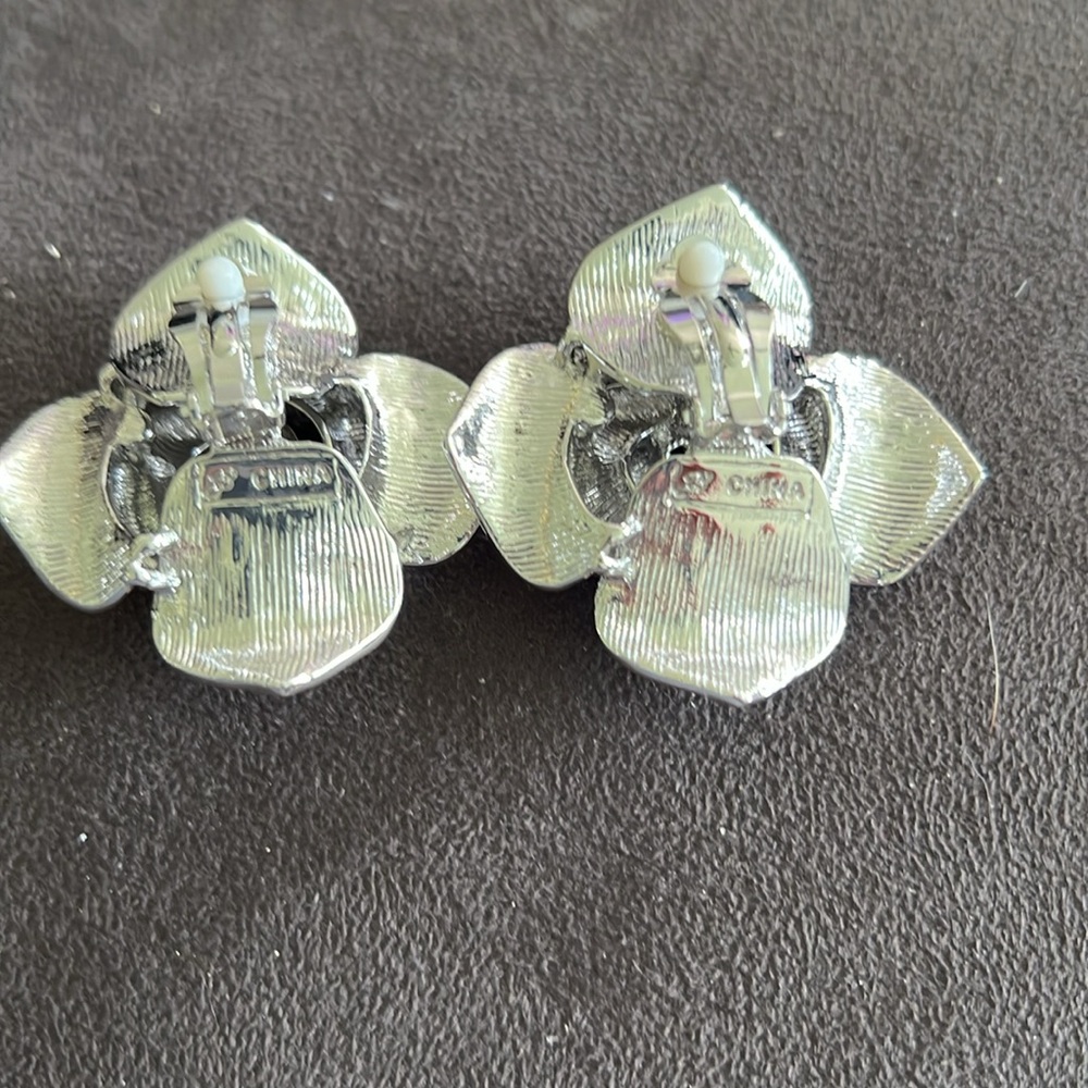 Silver Rhinestone Flower Earrings - Picture 2 of 2